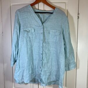 Orvis Womens Button Down‎ Shirt XL Blue Linen 3/4 Sleeve Pockets Casual READ